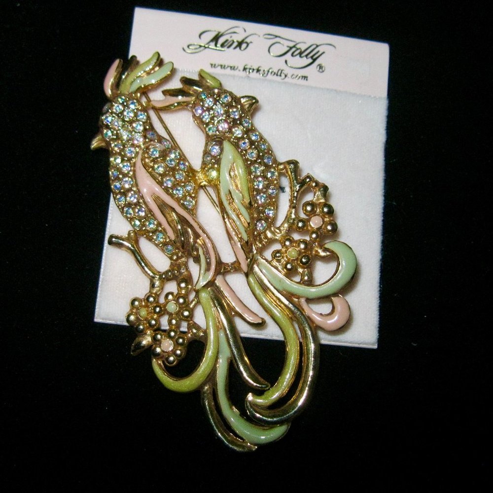 KIRKS FOLLY VERY RARE/SIGNED "COCKATIEL BIRDS BROOCH W/RHINESTONES & ENAMEL"
